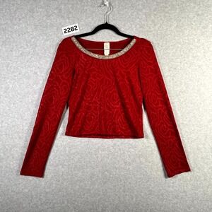 Y2K Cesem Cropped Top Womens Medium Red Floral Stretch‎ Embellished Round